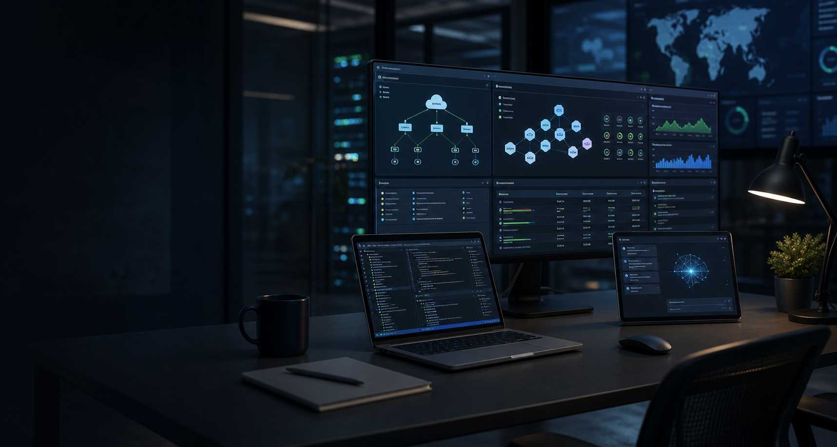 DevOps and AI automation workstation with cloud dashboards