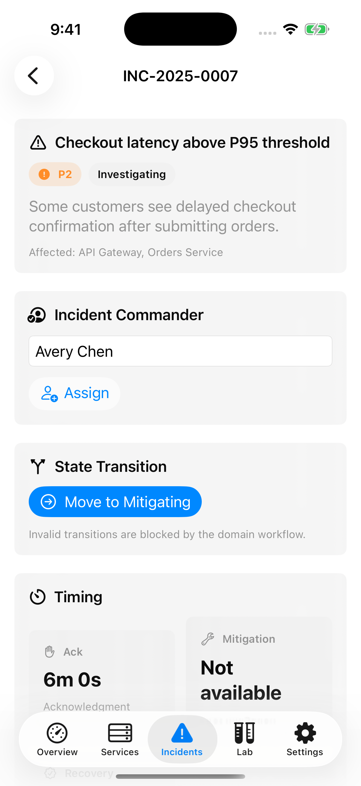 OpsPulse incident commander workflow screen in iPhone Simulator
