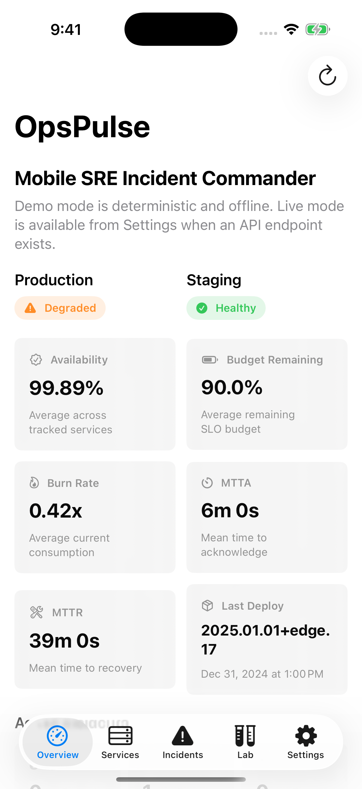 OpsPulse iPhone simulator overview screen